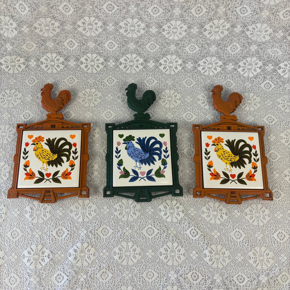 Vintage Napcoware Rooster Ceramic Tile Trivets Wall Plaques Set of 3 Folk Art